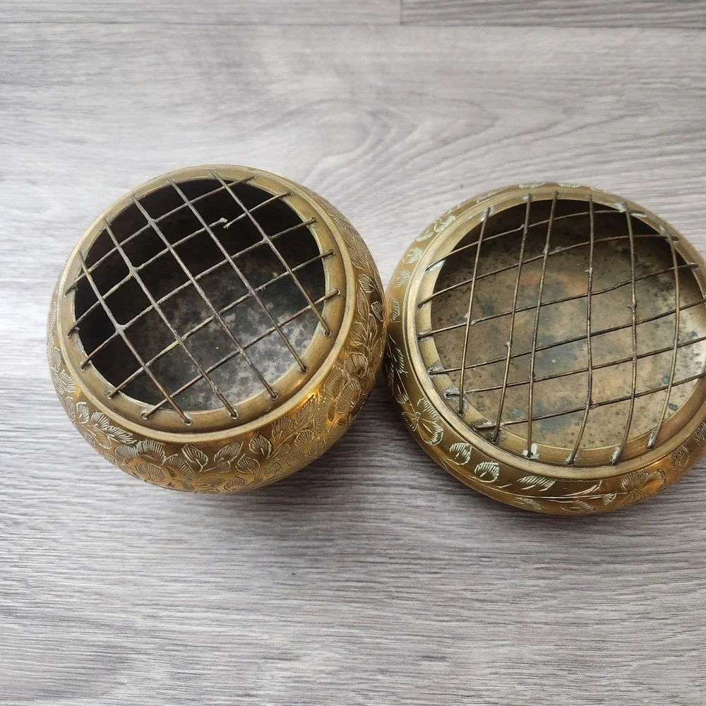 Vintage Etched Brass Rose Bowl Set with‎ Engraved Flowers Frog Mesh Insense Bowl